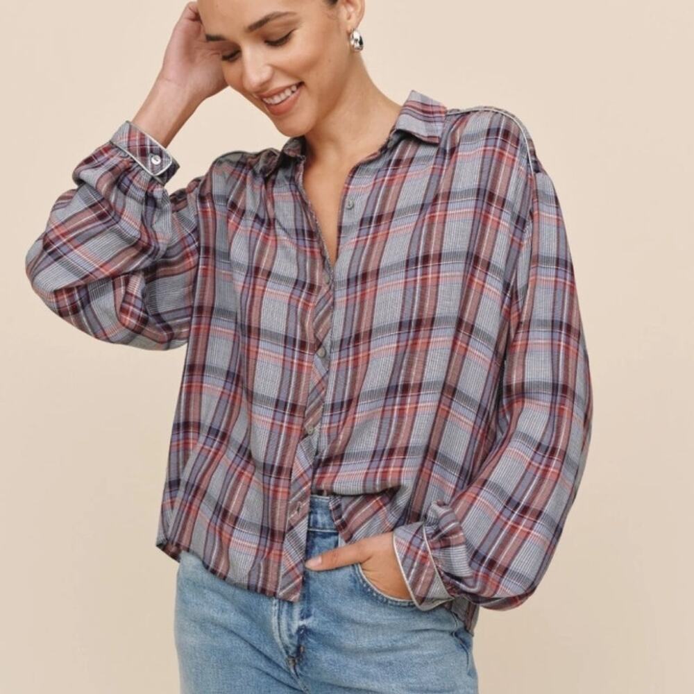 Bella Dahl Trimmed Flowy Shirt Womens Large Red Silver Plaid Shimmer Preppy Top
